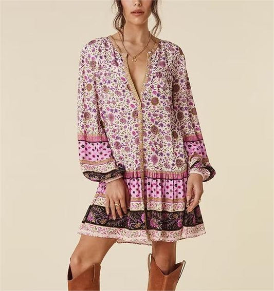 Watermark Positioning Floral Waistband Loose Mid Size Dress