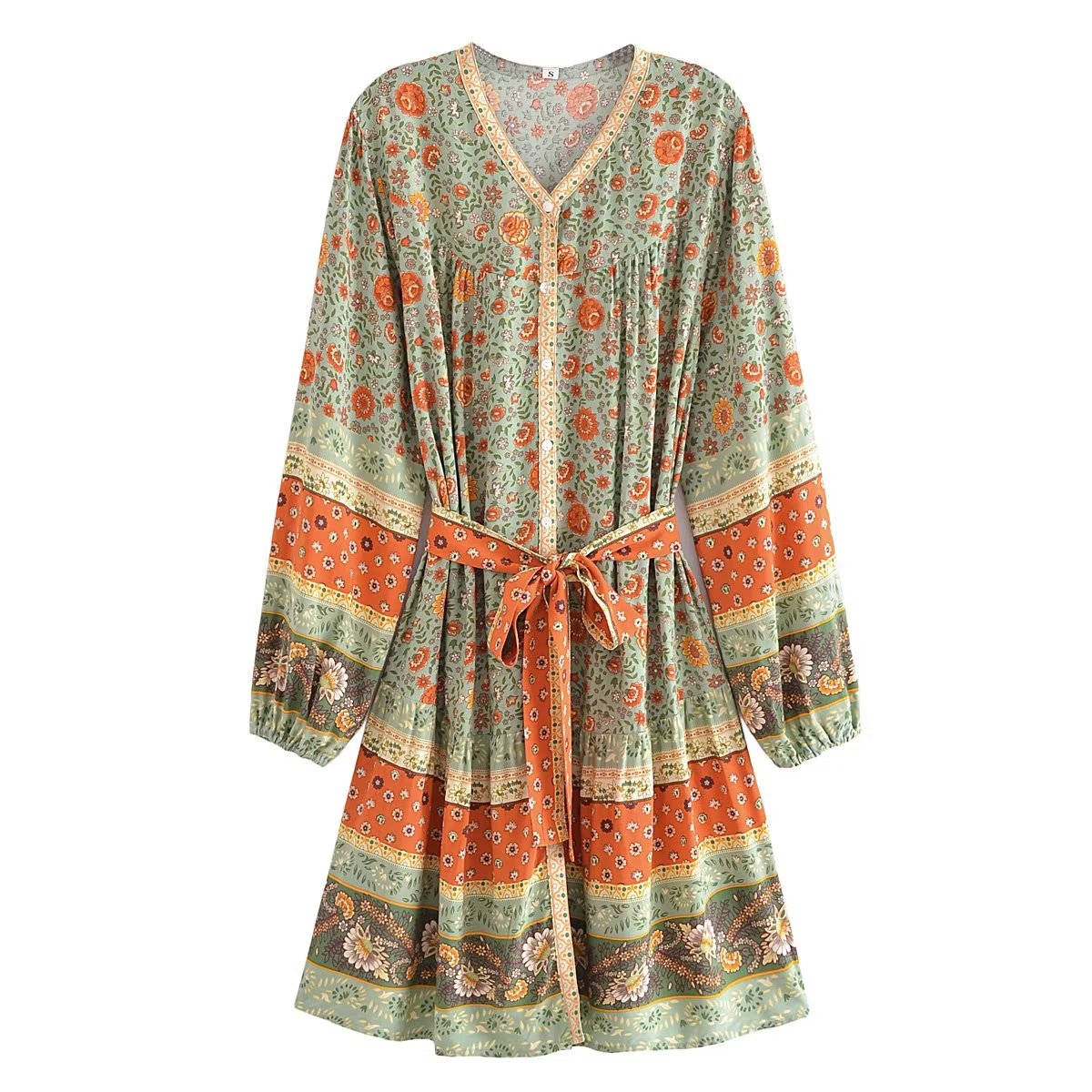 Watermark Positioning Floral Waistband Loose Mid Size Dress