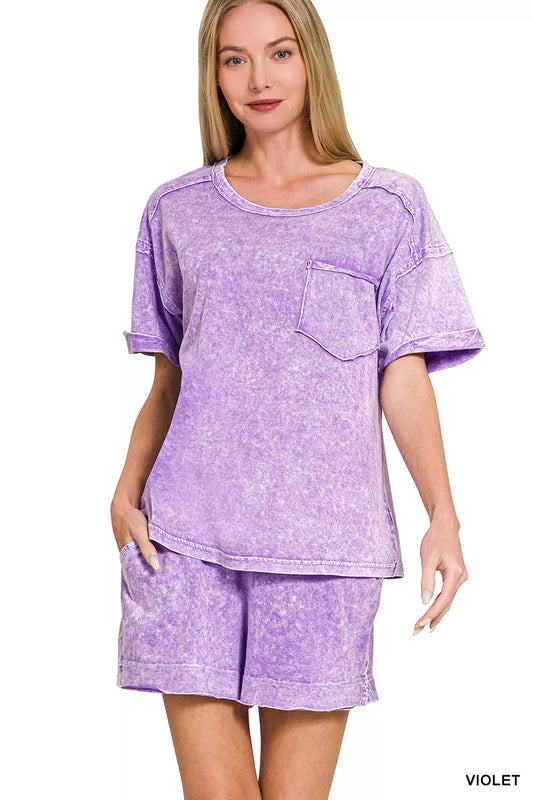 Zenana Halo Snow Washed Exposed Seam Top & Shorts Set