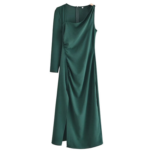 Women Elegant Tint Metal Ornament Asymmetric Dress
