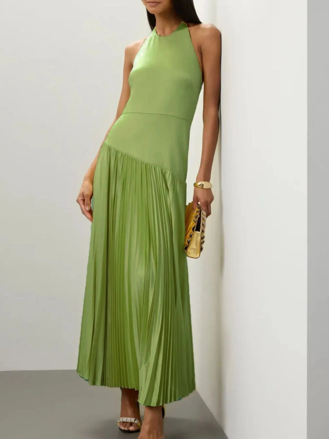Pleated Halter Neck Maxi Dress