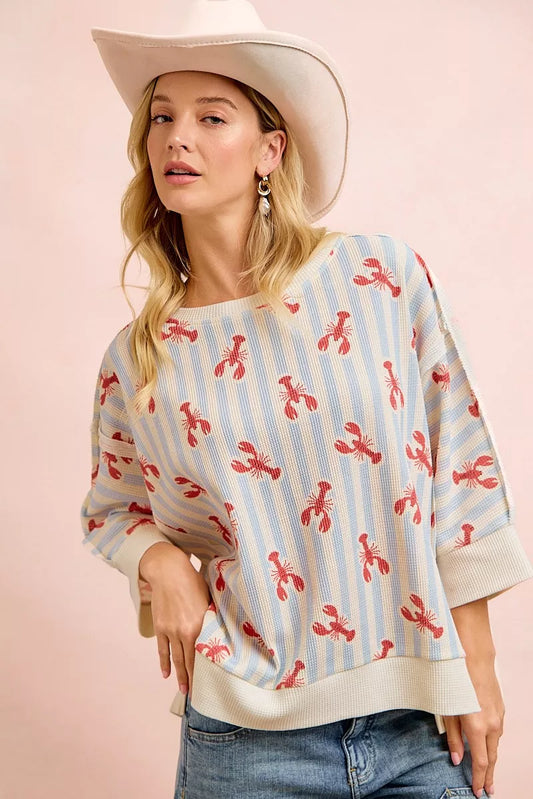 BiBi 4th Of July Lobsters Stripe Waffle Knit Sleeve Top