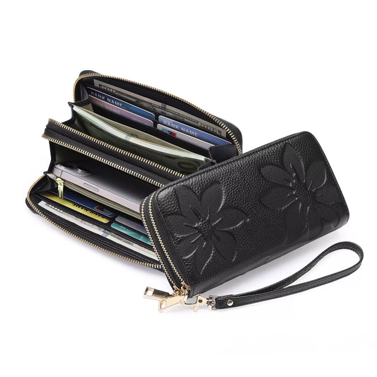 Floral Embossed Leather Zipper Wallet