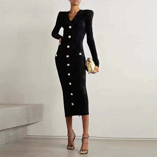 Spring Autumn Socialite Velvet Long Sleeves Slim Fit Slimming Back Zipper Dress