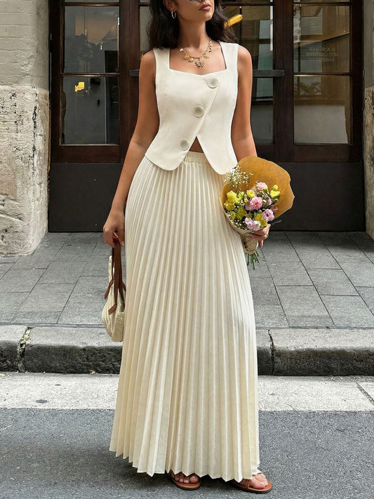 Sleeveless Vest and Pleated Maxi Skirt Set