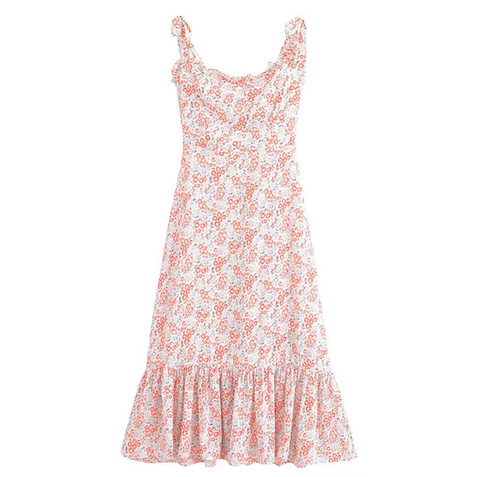 Women Clothing French Small Floral Print Slim Slimming Large Cami Dress