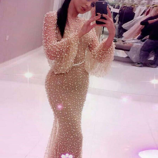 Autumn Middle East Women Clothing Mesh Round Neck Puff Sleeve Dress Skinny Hip Dress