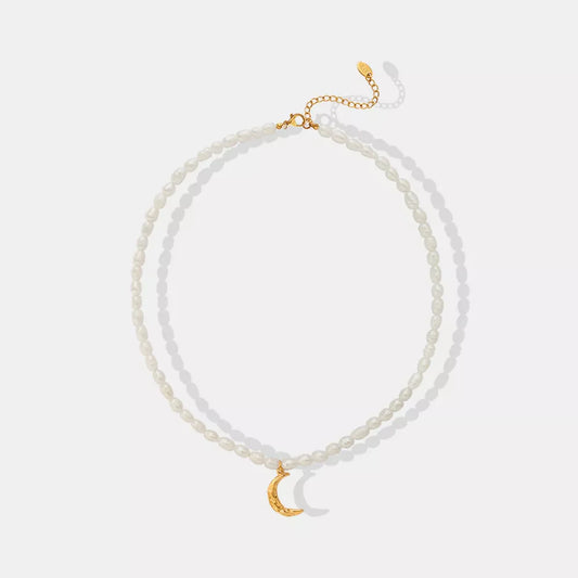 Pearl Titanium Steel Moon Shape Pendant Necklace