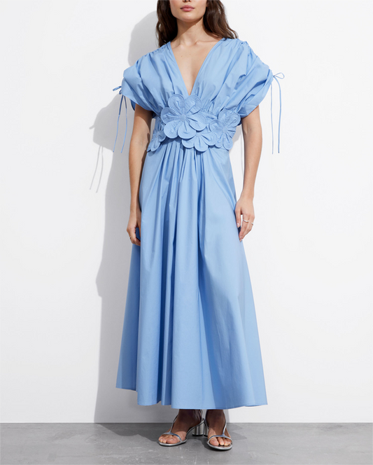 French Tea Break Elegant Dress Autumn V neck Applique Stitching A line Maxi Dress Women