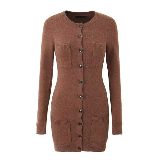 Knitted Long Sleeve Button Slim Fit Dress Sexy Slimming Hip Autumn Winter Black Knitted Women Clothing Dress
