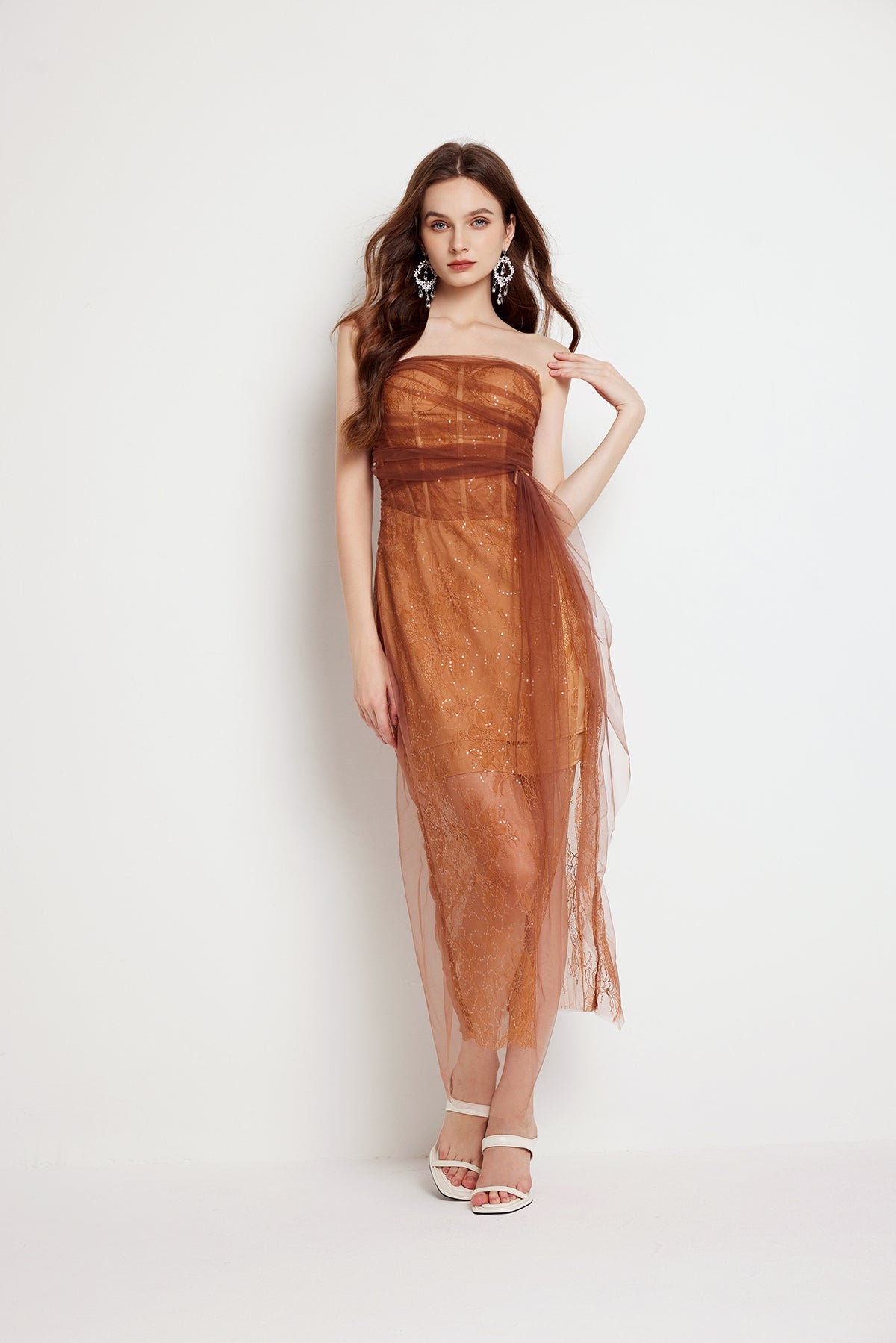 Women Summer Fishbone Lace Gauze Slit Slim Sexy Dress