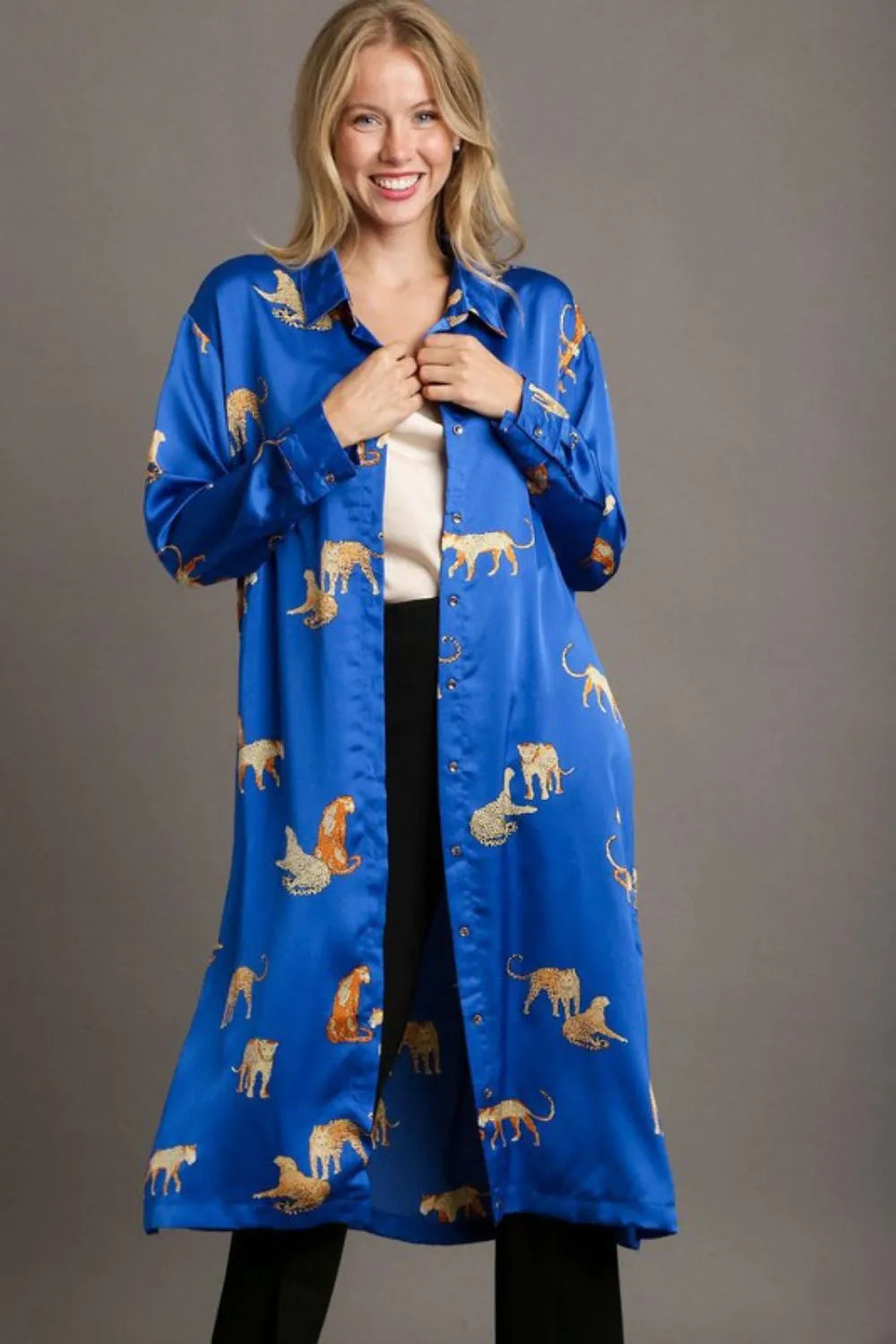 Umgee Full Size Animal Print Button Down Midi Shirt Dress Plus Size