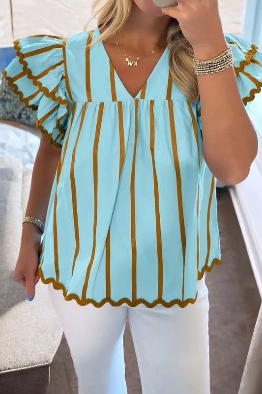 Stripe Ricrac Trim Double Ruffled Short Sleeve V Neck Blouse