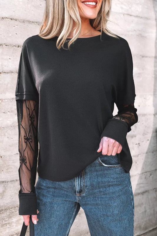 Round Neck Lace Sleeve Relaxed Fit Top