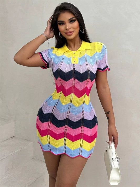 Chevron Knit Short Sleeve Sweater Dress