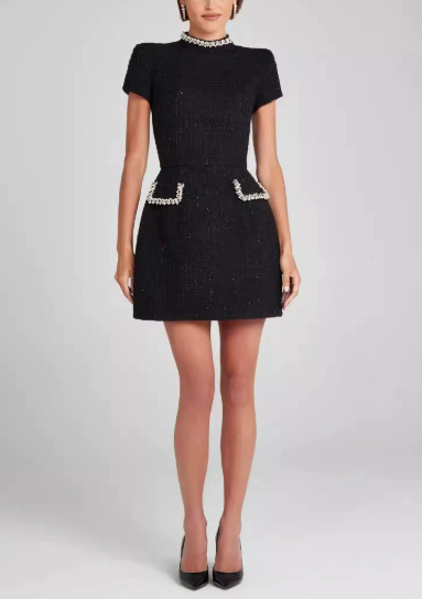 Elegant Slim Slimming round Neck Beaded Classic Dress Women