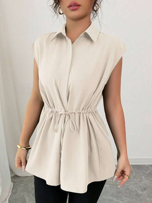 Drawstring Waist Cap Sleeve Shirt