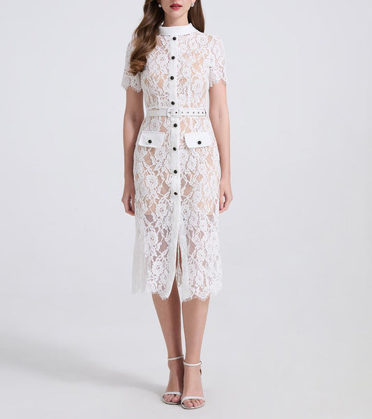 Women Spring Summer Stretch Lace Elegance Spliced Short Sleeve Dress High Fanny Pack Hip Dress