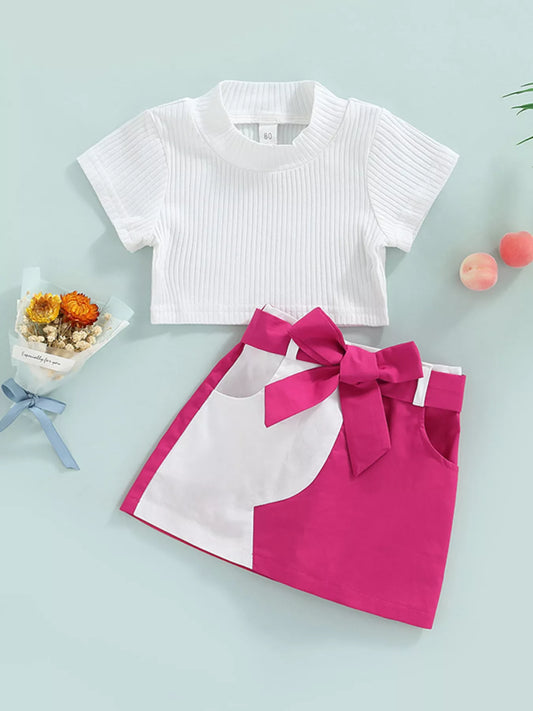 Children's Ribbed Knit Top & Bow Decor Skirt Set