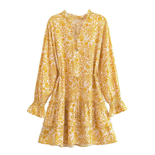 Women Cotton watermark Bohemian Beach Belt Dress