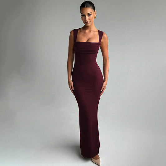 Women Clothing Spring Summer Slim Fit Square Collar Sleeveless Waist Slimming Dress