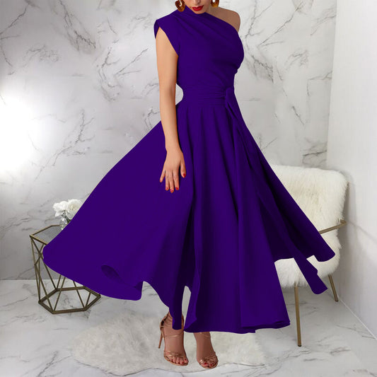 Summer Women Wear Sleeveless Diagonal Collar Solid Color Waist Tight Swing Dress
