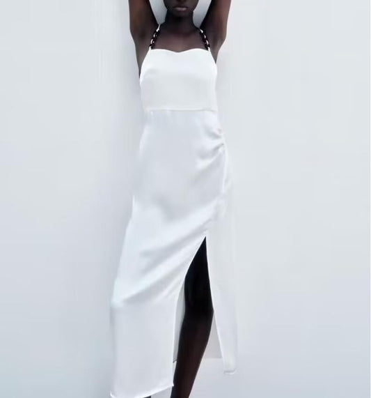 Spring Women Clothing Chain Ornament Silk Satin Texture Sling Dress