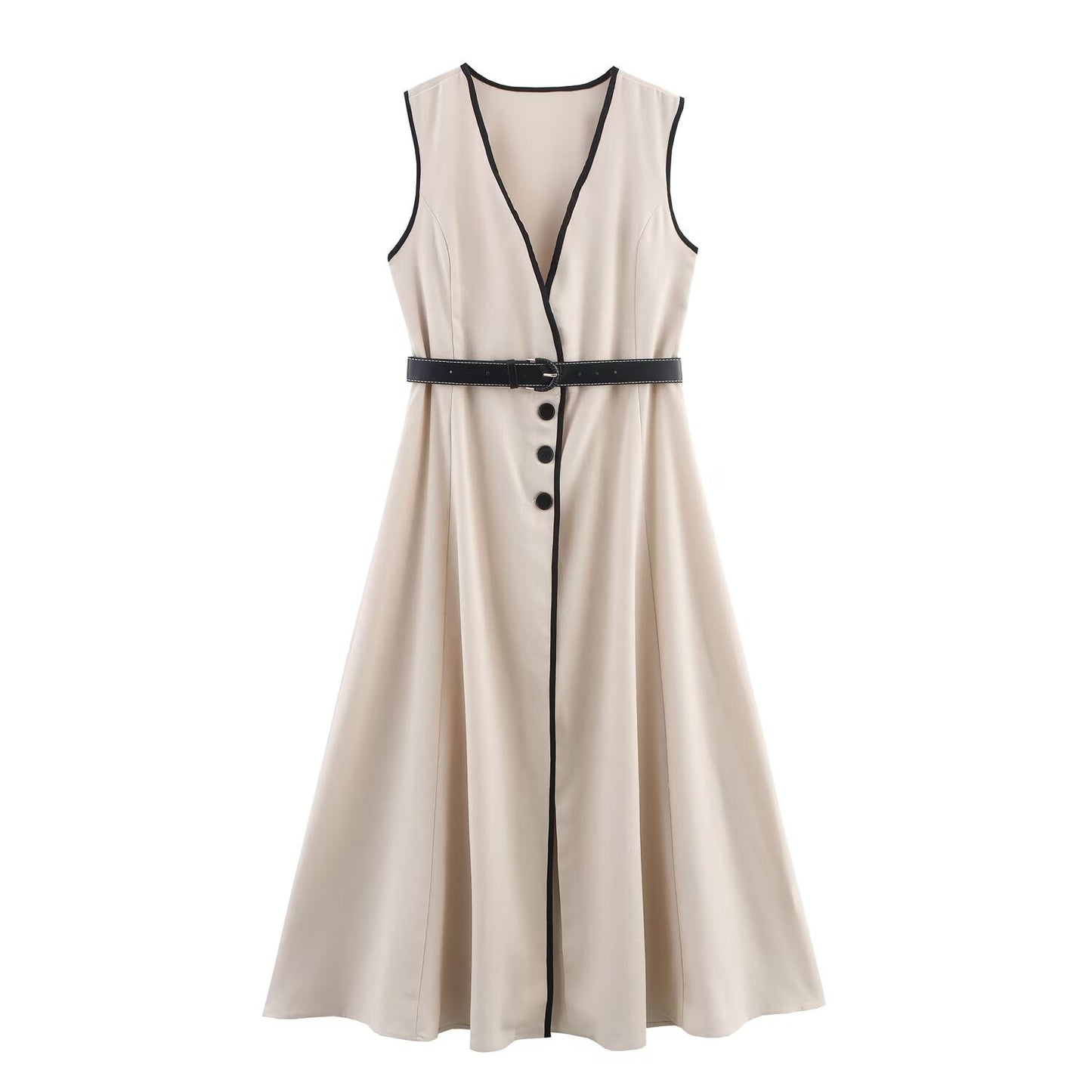 Women Clothing Elegant Slim Fit with Belt Linen Blended Midi Dress
