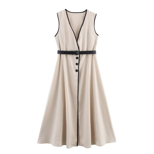 Women Clothing Elegant Slim Fit with Belt Linen Blended Midi Dress