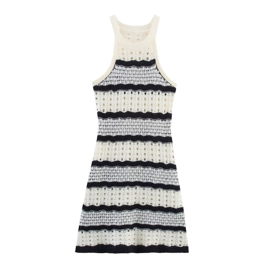 Women Clothing French Mixed Color Stripe Sexy Sling Dress