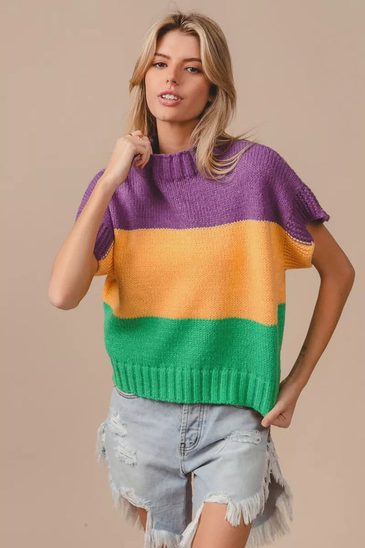 BiBi Mardi Gras Color Block Drop Shoulder Sweater Top