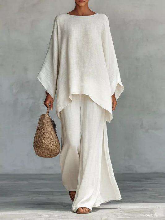 Solid Color Long Sleeve Top and Wide Leg Pants Set
