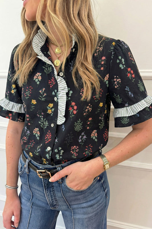 Contrast Frilled Trim Short Sleeve Floral Shirt