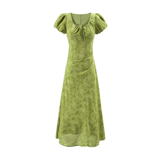 Sweet Printed Chic Puff Sleeve Maxi Dress round Neck Sexy Slim Fit Party Dress