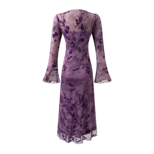 Summer Mesh Jacquard Casual off Neck Bell Sleeve Dress
