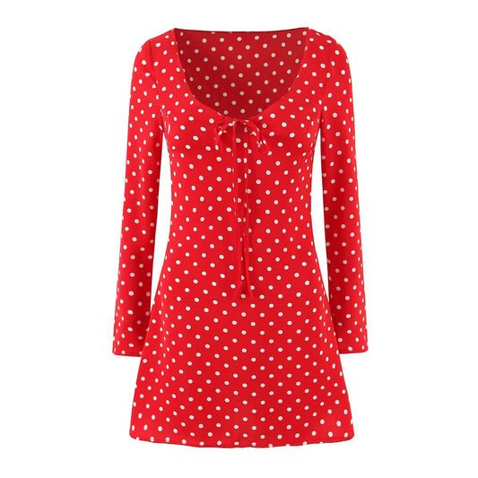 Summer Sexy Square Neck Lace up Red Polka Dot Long Sleeve Sexy Dress