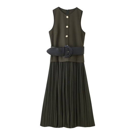 Women Clothing Autumn Lightly Mature with Belt Stitching Ruffle Midi Dress