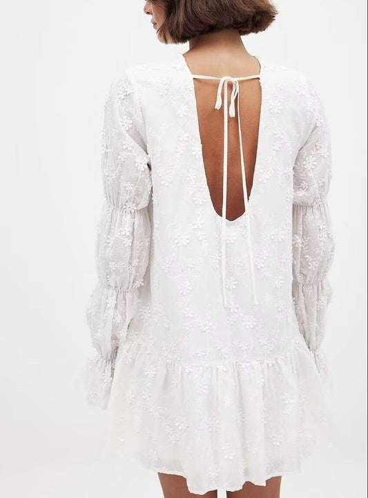 Women Clothing Fashionable Embroidery Three Dimensional Floral Backless Horse Hoof Sleeve Dress