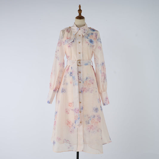 Women Autumn Silk And Cotton Floral Pattern Workwear Style Blouse Style Dress