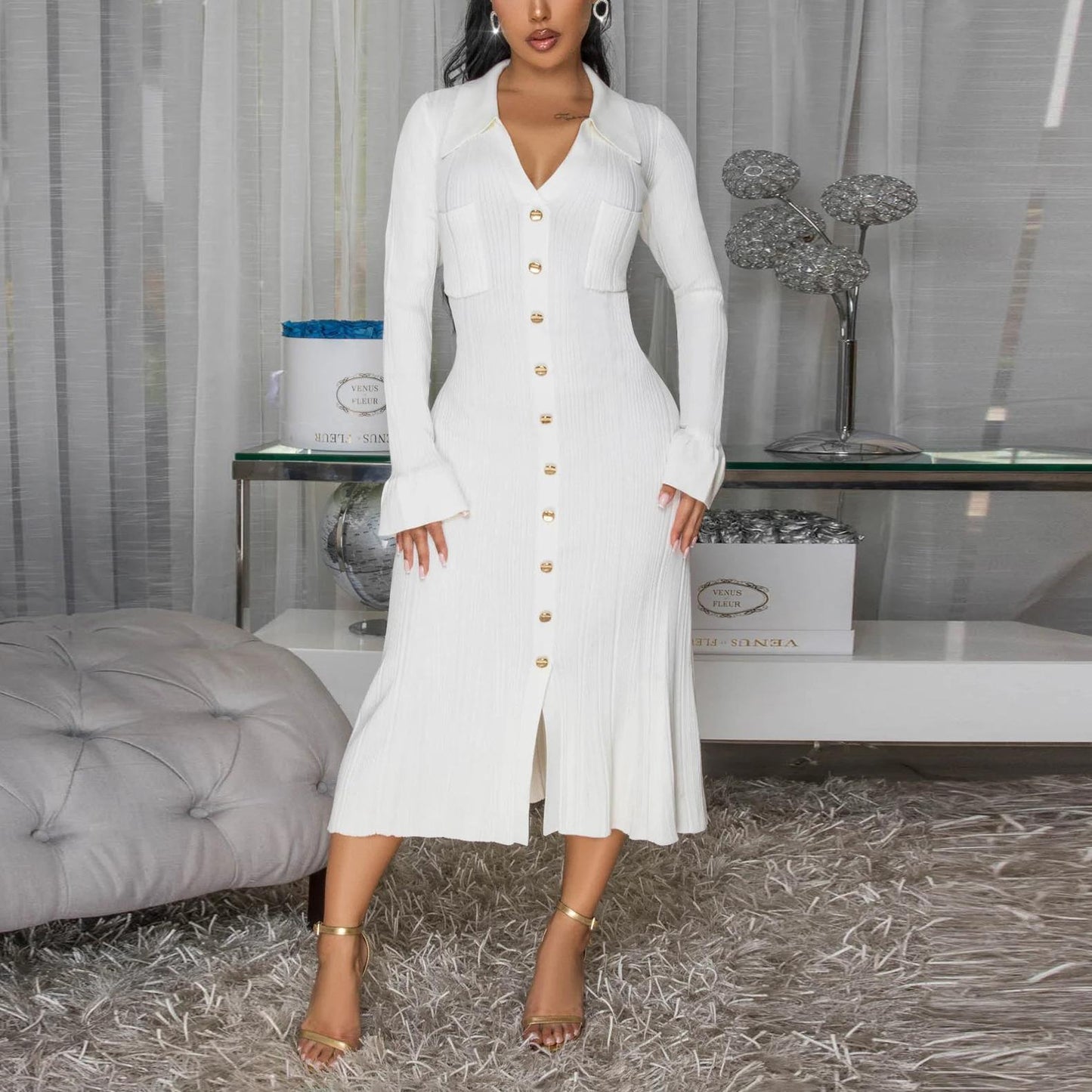 Women Wear V neck Solid Color Dress Single Breasted Long Sleeve Dress