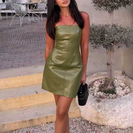 Women Clothing Fall Retro Street Sleeve Leather Dress