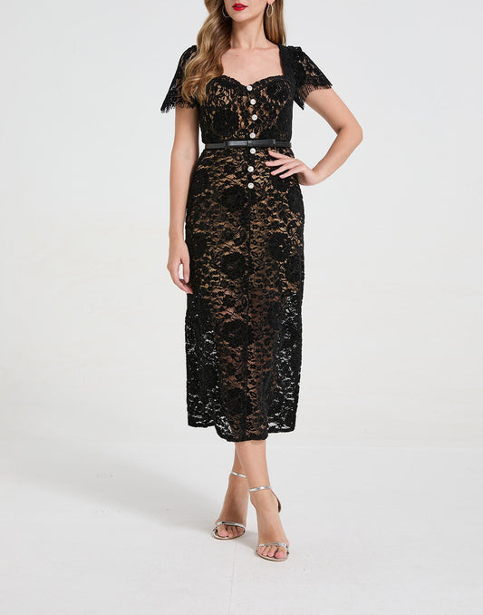 Women Lace Square Neck Rhinestone Bow Dress With 3d Padded Bust And Mermaid Silhouette
