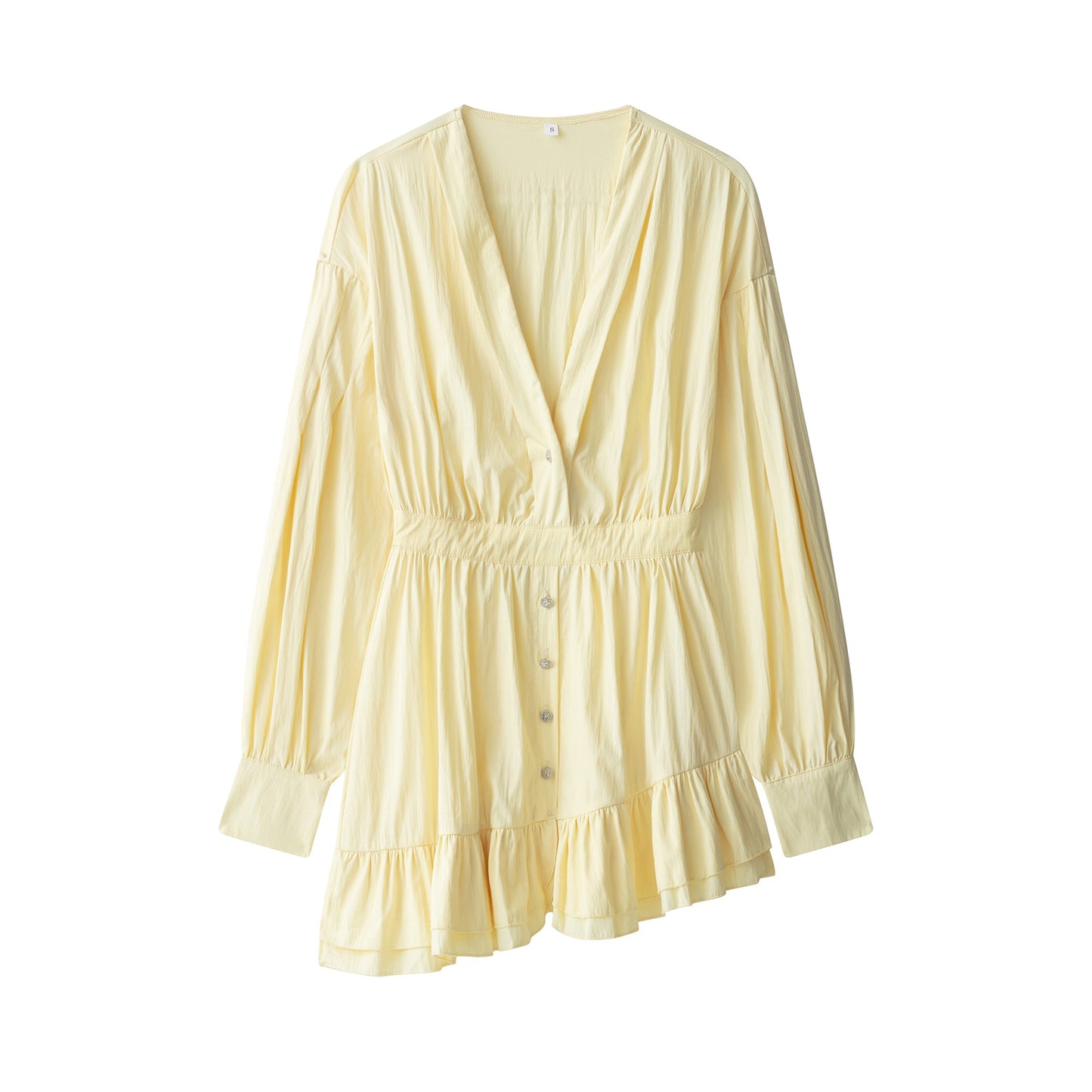 Women Clothing at Quality Collared Button Long Sleeve Lotus Leaf Dress