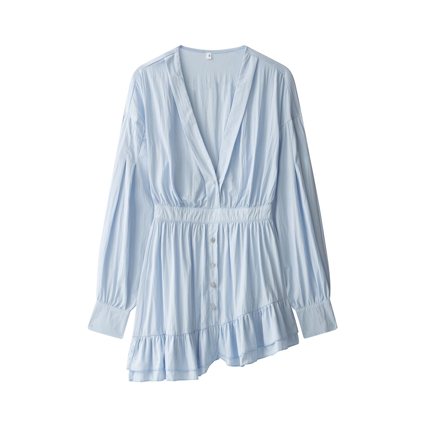 Women Clothing at Quality Collared Button Long Sleeve Lotus Leaf Dress