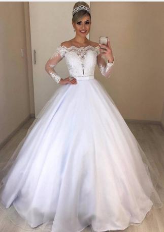 Off Shoulder V neck Slim Fit Puffy Trailing Wedding Dress Lace Dress