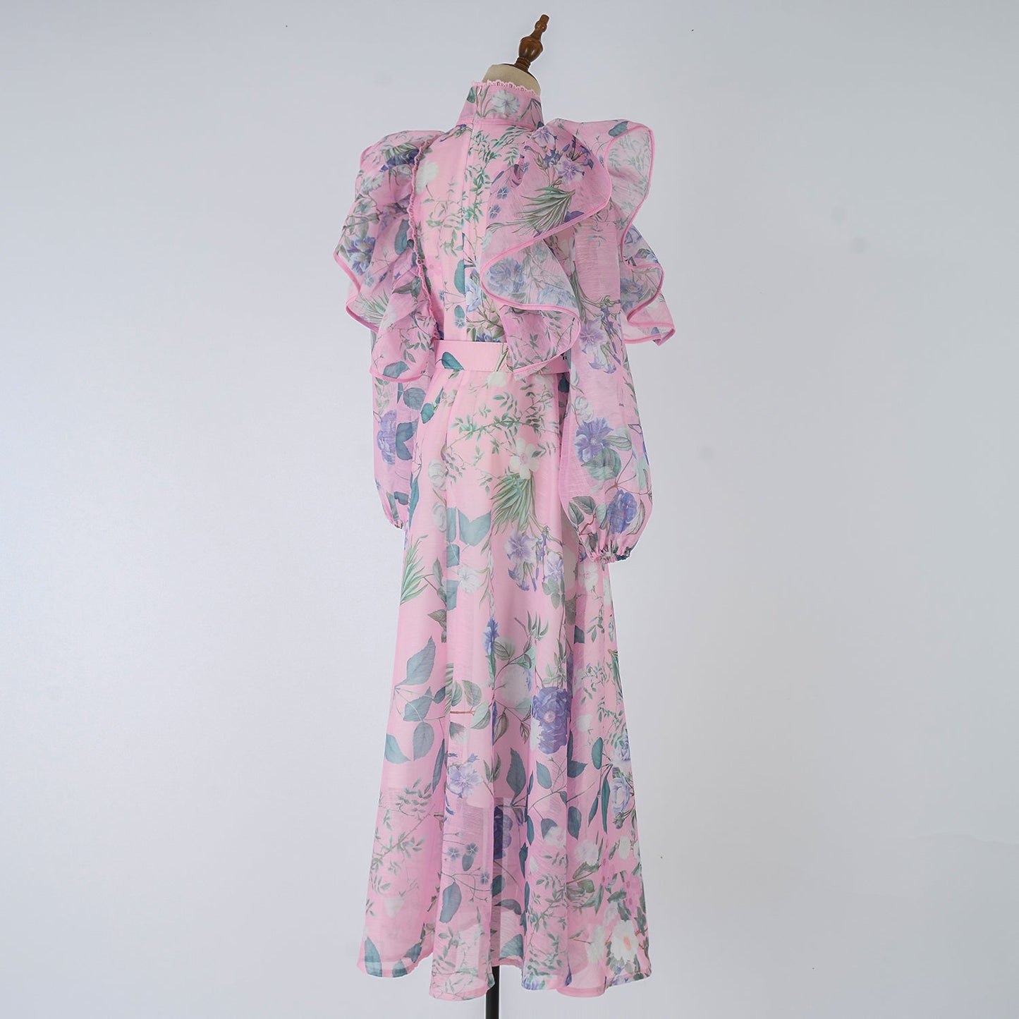 Women Spring Autumn Printed Belt Stand Up Collar Long Sleeved Dress