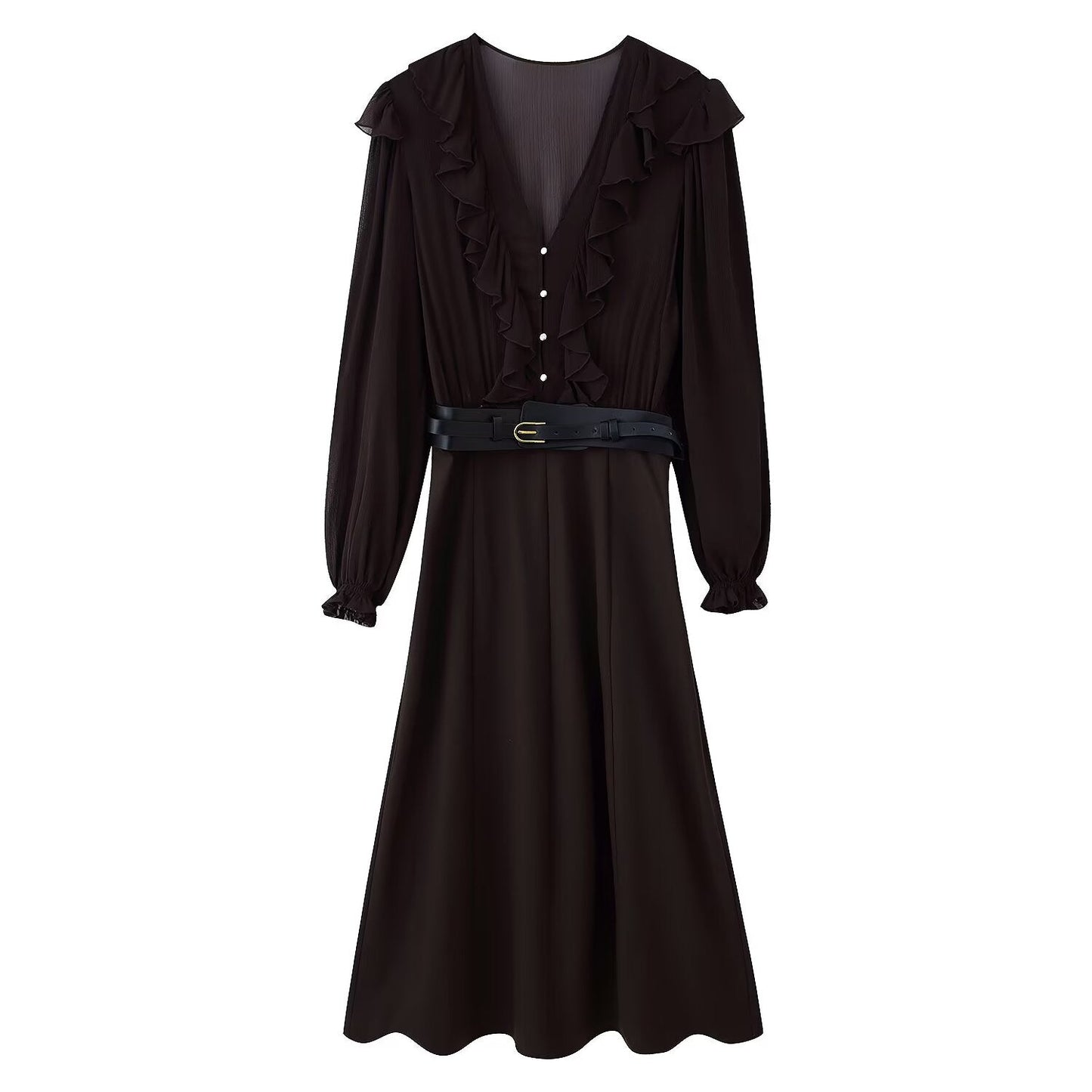 Women Clothing With Belt Stitching Midi Dress