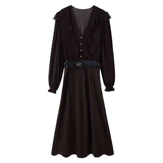 Women Clothing With Belt Stitching Midi Dress