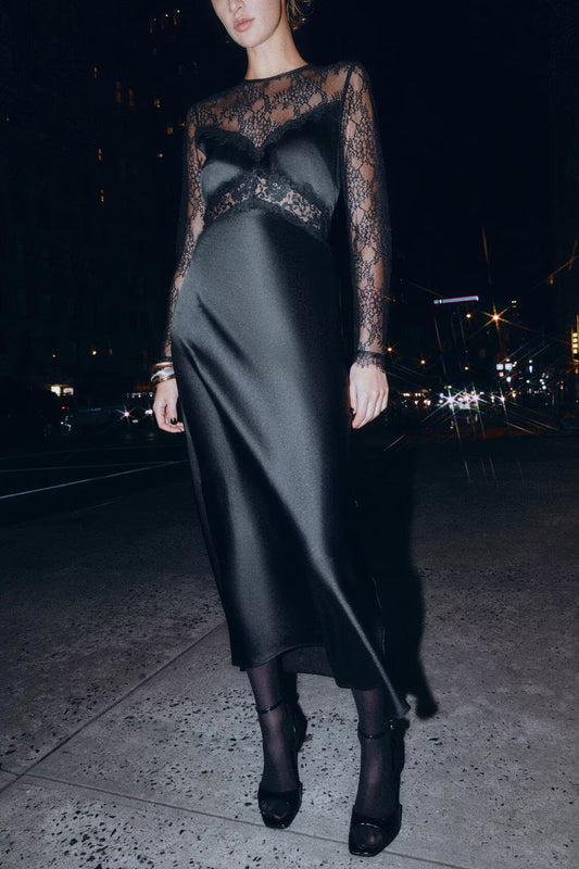 Women Clothing Winter Sexy Long Sleeve Lace Stitching Dress