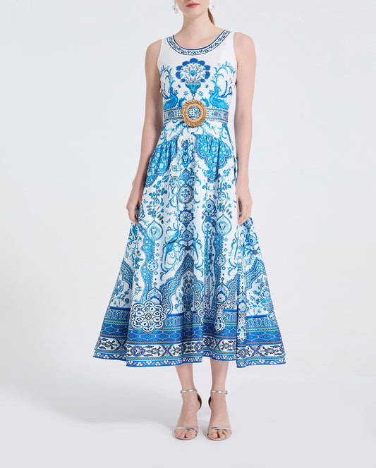 Women Peacock Print Fashionable Style Printed Round Neck Fitted Long Dress